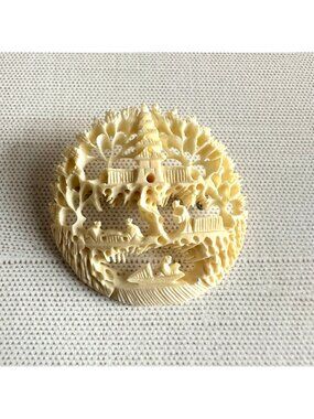 Chinese Export Carved Bone Brooch, Pierced Scenic Landscape, Pagoda and Figures